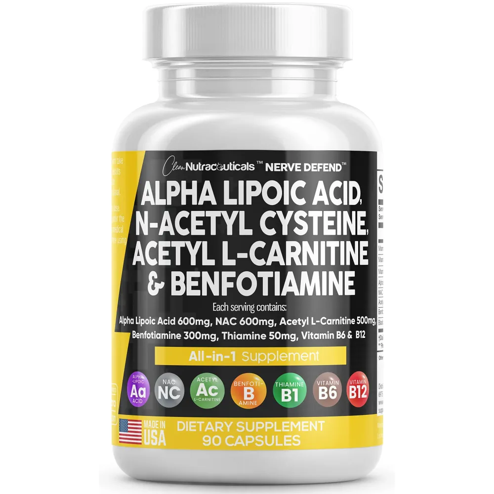 Alpha Lipoic Acid 600mg N-Acetyl Cysteine 600mg Acetyl L-Carnitine 500mg Benfotiamine 300mg - Nerve Support Supplement for Women and Men with Vitamin B1, B6 & B12 - Made in USA 90 Caps Alpha Lipoic Acid 600mg N-Acetyl Cysteine 600mg Acetyl L-Carnitine 500mg Benfotiamine 300mg - Nerve Support Supplement for Women and Men with Vitamin B1, B6 & B12 - Made in USA 90 Caps