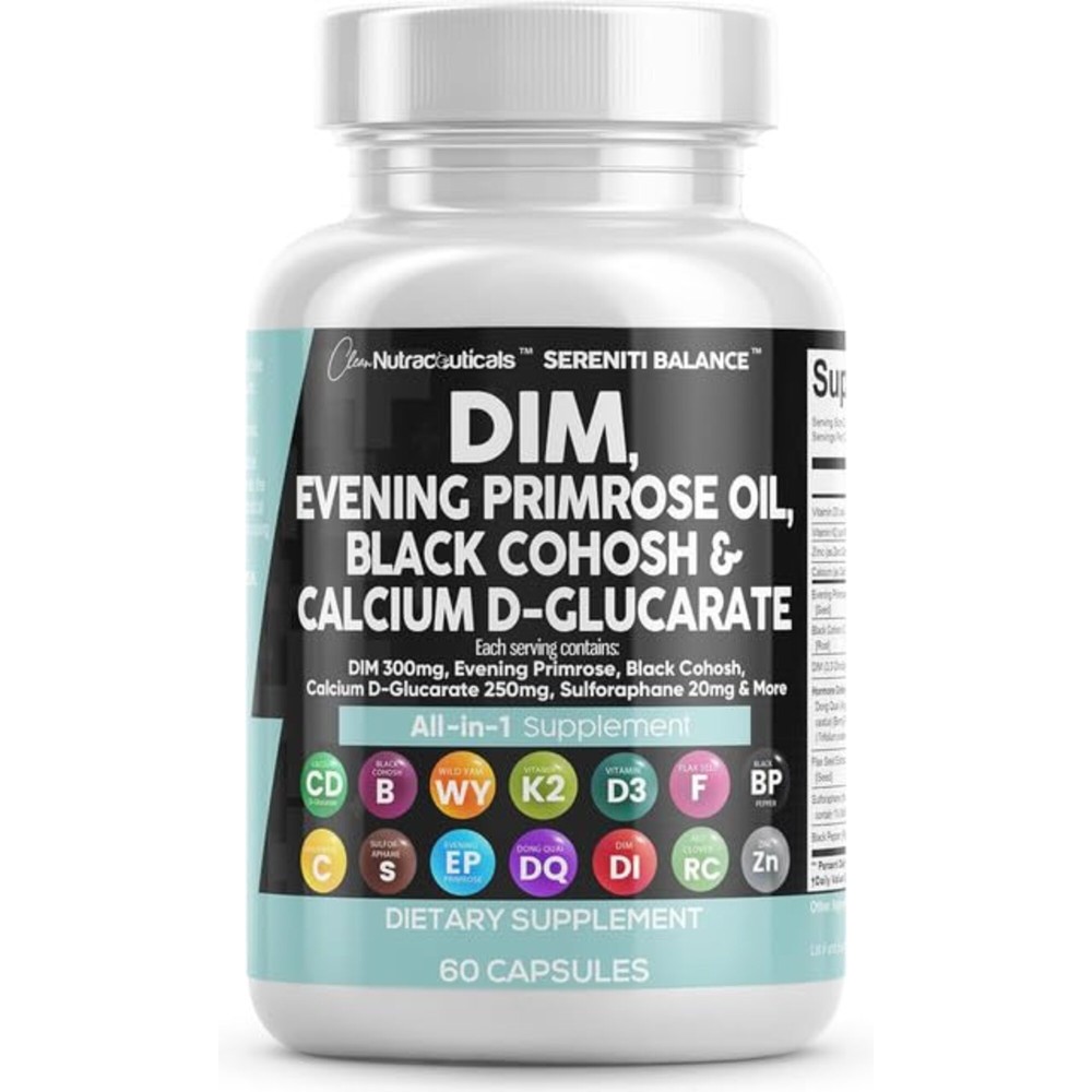 Clean Nutraceuticals DIM Evening Primrose Black Cohosh Calcium D-Glucarate Sulforaphane Flax Seed Extract - Hormonal Support Vitamins for Women with Dong Quai - 60 Caps Clean Nutraceuticals DIM Evening Primrose Black Cohosh Calcium D-Glucarate Sulforaphane Flax Seed Extract - Hormonal Support Vitamins for Women with Dong Quai - 60 Caps