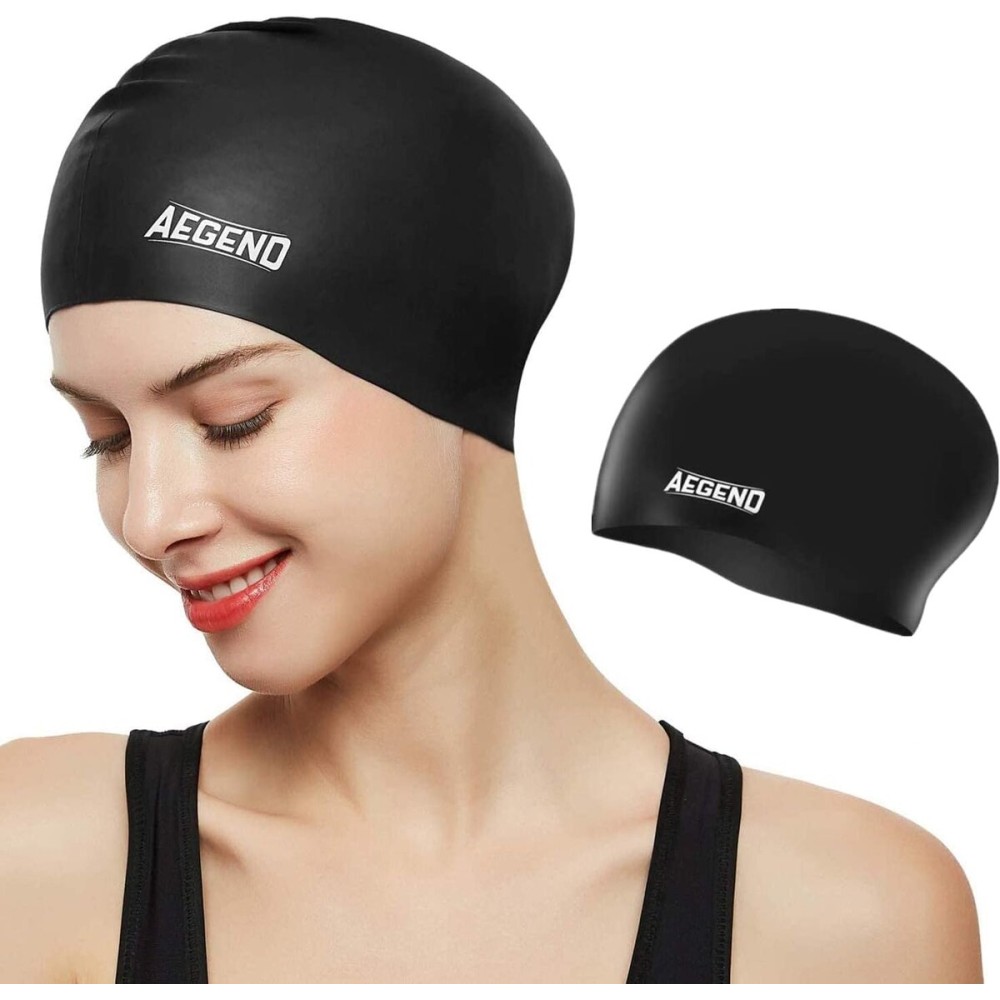 Aegend Swim Caps for Long Hair, Durable Silicone Swimming Caps for Women Men Adults Youths, Easy to Put On and Off, Waterproof Swim Hats Bathing Caps to Keep Hair Dry, 1 Pack, Black