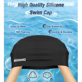 Aegend Swim Caps for Long Hair, Durable Silicone Swimming Caps for Women Men Adults Youths, Easy to Put On and Off, Waterproof Swim Hats Bathing Caps to Keep Hair Dry, 1 Pack, Black