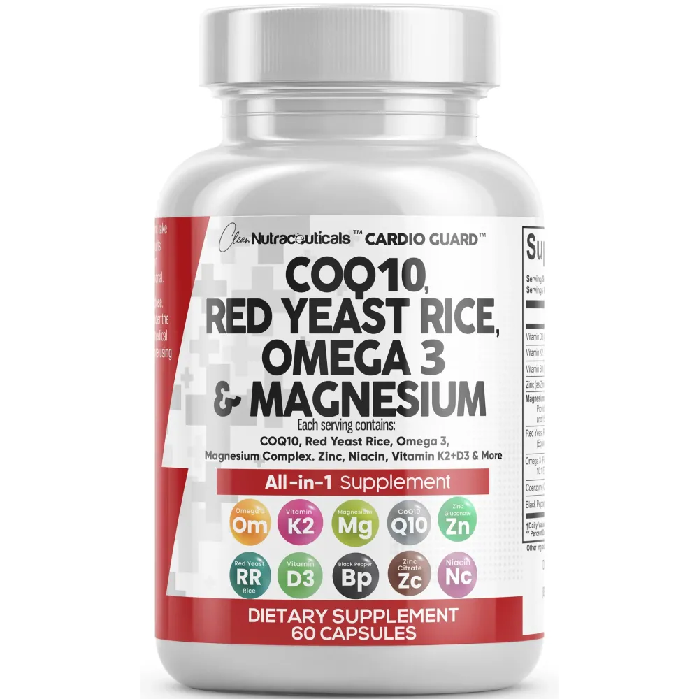 Clean Nutraceuticals COQ10 200mg Red Yeast Rice Omega 3 Magnesium Complex 500mg Niacin Zinc Vitamin K2 D3 - Heart Support Vitamins for Women & Men w/Vitamin B3, Coenzyme Q10-60 Ct Clean Nutraceuticals COQ10 200mg Red Yeast Rice Omega 3 Magnesium Complex 500mg Niacin Zinc Vitamin K2 D3 - Heart Support Vitamins for Women & Men w/Vitamin B3, Coenzyme Q10-60 Ct