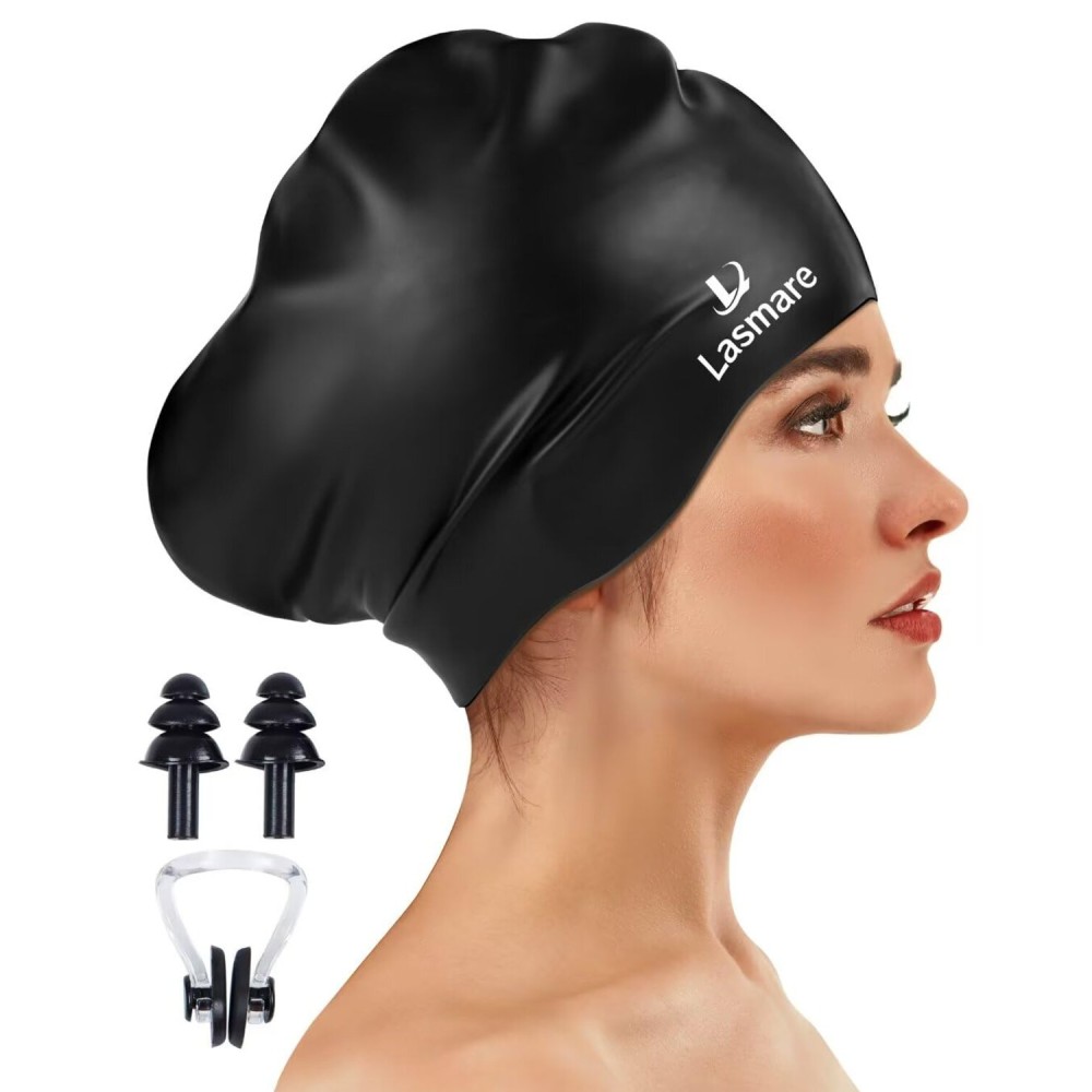 Large Long Hair Swim Cap with Extra Room for Women Men, Silicone Swimming Cap for Long Thick Hair with Ear Plugs Nose Clip Set, Adult Waterproof Swim Hats Bathing Caps to Keep Hair Dry(Black) Large Long Hair Swim Cap with Extra Room for Women Men, Silicone Swimming Cap for Long Thick Hair with Ear Plugs Nose Clip Set, Adult Waterproof Swim Hats Bathing Caps to Keep Hair Dry(Black)