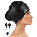 Large Long Hair Swim Cap with Extra Room for Women Men, Silicone Swimming Cap for Long Thick Hair with Ear Plugs Nose Clip Set, Adult Waterproof Swim Hats Bathing Caps to Keep Hair Dry(Black)