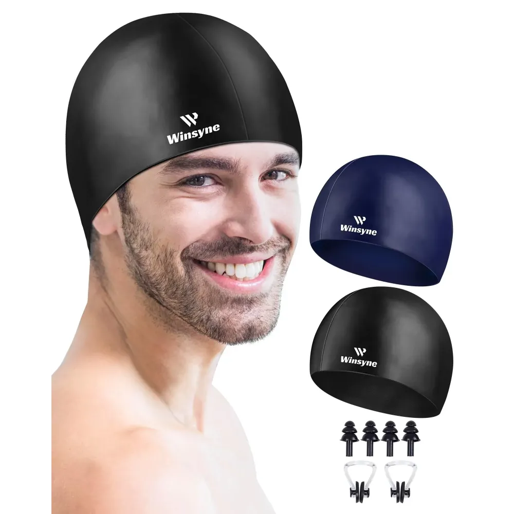 2 Pack Silicone Swim Cap for Men Women, Unisex Adult Swimming Caps for Short/Long Hair to Keep Hair Dry, Waterproof Bathing Caps for Swimming with Ear Plugs & Nose Clip Set(Black&Navy) 2 Pack Silicone Swim Cap for Men Women, Unisex Adult Swimming Caps for Short/Long Hair to Keep Hair Dry, Waterproof Bathing Caps for Swimming with Ear Plugs & Nose Clip Set(Black&Navy)