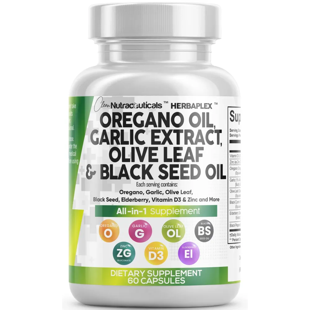 Clean Nutra Oregano Oil with Black Seed Oil Garlic Olive Leaf Extract - Oil of Oregano Capsules Immune Support Carvacrol & Thymoquinone Supplement for Women and Men + Elderberry Vitamin D3 & Zinc Clean Nutra Oregano Oil with Black Seed Oil Garlic Olive Leaf Extract - Oil of Oregano Capsules Immune Support Carvacrol & Thymoquinone Supplement for Women and Men + Elderberry Vitamin D3 & Zinc
