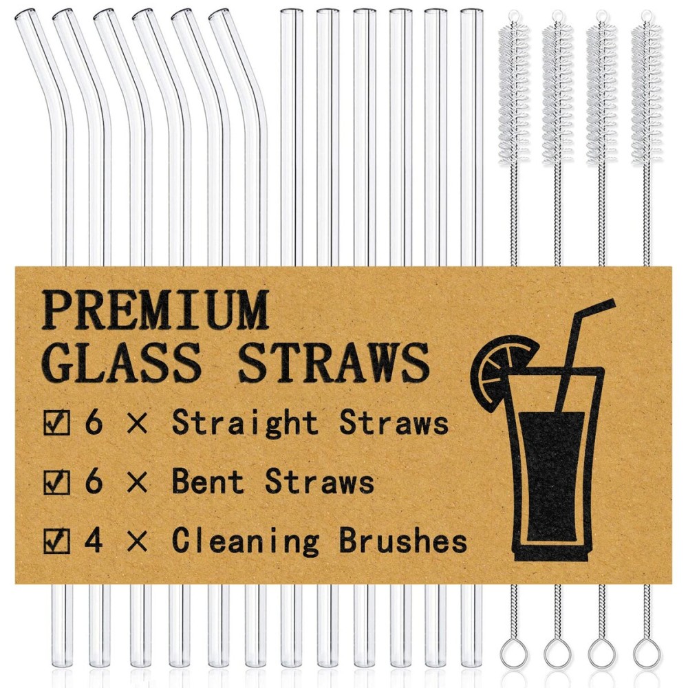Piteno 16-Pack Reusable Glass Straws Set, Clear Glass Drinking Straws, 8.5\'\'x10MM, Set of 6 Straight and 6 Bent with 4 Cleaning Brushes, Perfect for Smoothies, Milkshakes, Juice, Tea Piteno 16-Pack Reusable Glass Straws Set, Clear Glass Drinking Straws, 8.5\'\'x10MM, Set of 6 Straight and 6 Bent with 4 Cleaning Brushes, Perfect for Smoothies, Milkshakes, Juice, Tea