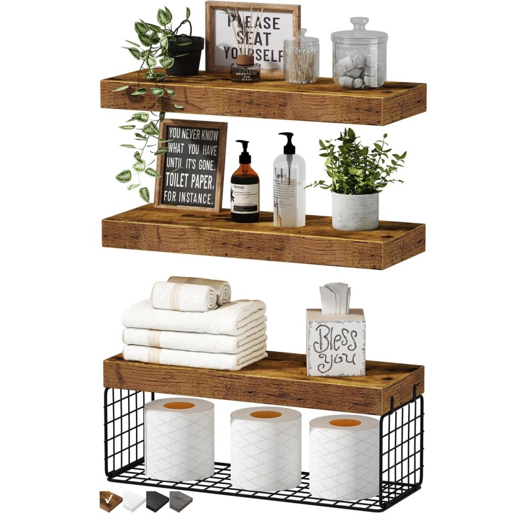 QEEIG Bathroom Shelves Over Toilet - Wall Mounted Floating Shelves Toilet Paper Storage Small Farmhouse Decor Shelf 16 inch Set of 3, Rustic Brown (019-BN3) QEEIG Bathroom Shelves Over Toilet - Wall Mounted Floating Shelves Toilet Paper Storage Small Farmhouse Decor Shelf 16 inch Set of 3, Rustic Brown (019-BN3)
