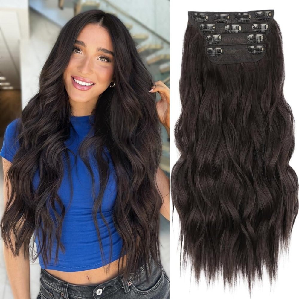 ALXNAN Clip in Long Wavy Synthetic Hair Extension 4PCS 24 Inch Dark Brown Thick Hairpieces Fiber Double Weft Hair for Women ALXNAN Clip in Long Wavy Synthetic Hair Extension 4PCS 24 Inch Dark Brown Thick Hairpieces Fiber Double Weft Hair for Women