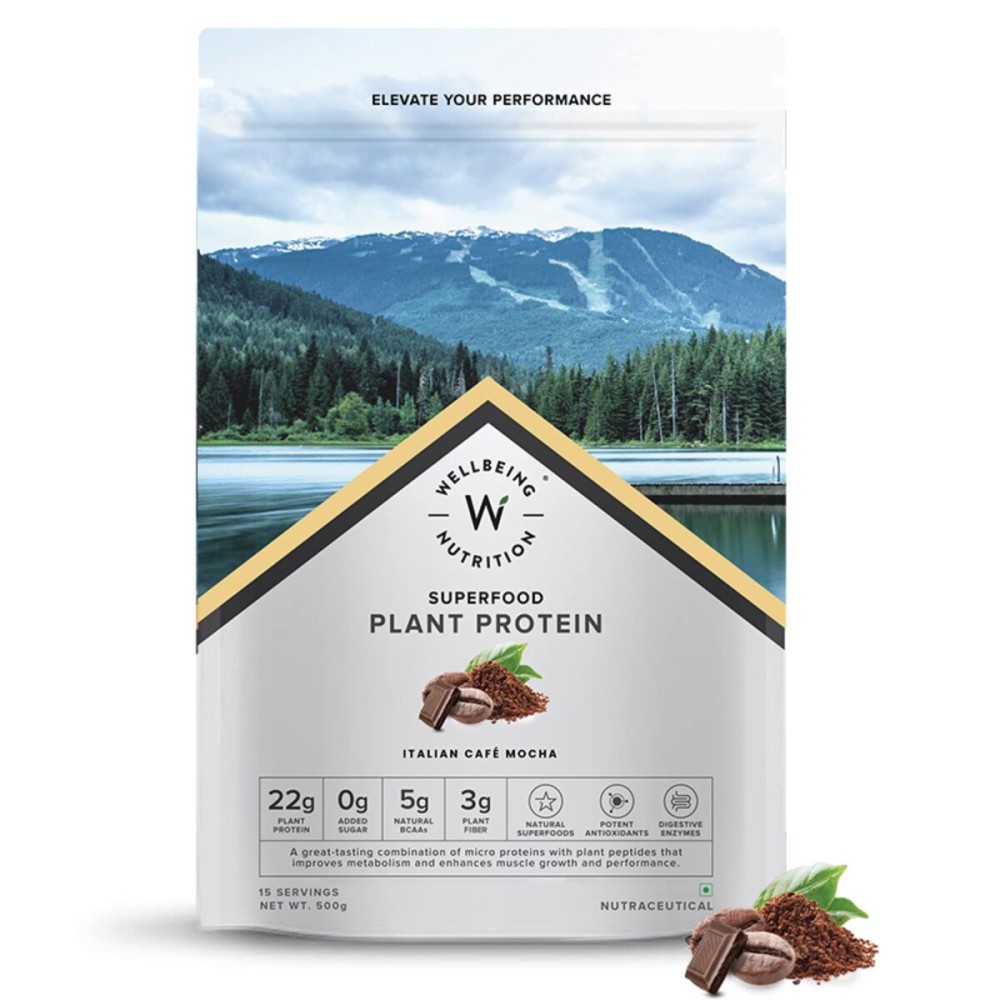 WELLBEING NUTRITION Organic Vegan Plant Protein Isolate Powder | 22g Protein, 5g BCAA European Pea & Brown Rice Protein | Superfoods, Fiber for Muscle Growth & Recovery | Italian Cafe Mocha - 500gm