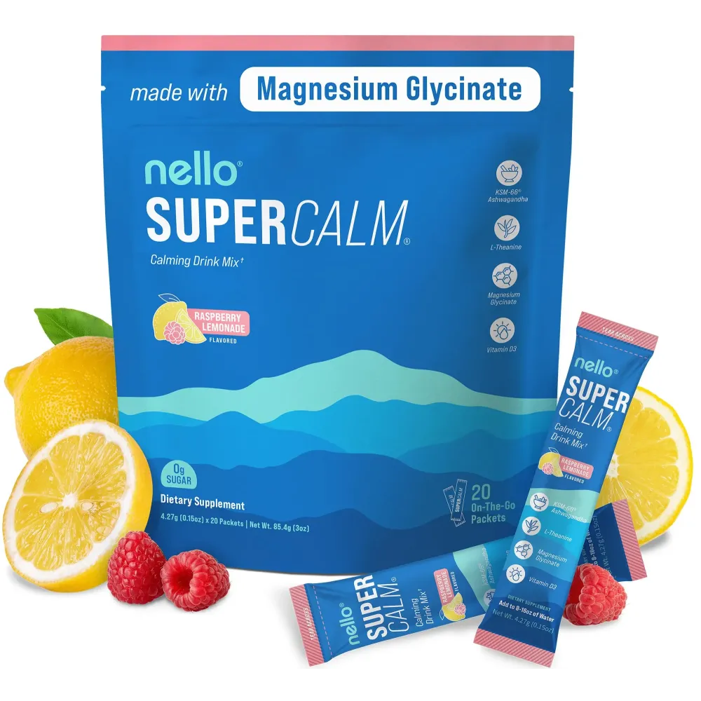 Nello Supercalm Powdered Drink Mix, Raspberry Lemonade, L Theanine, Ksm-66 Ashwagandha, Magnesium Glycinate, Vitamin D 3, Supplements for Relaxation & Focus, No Sugar, Non GMO, On The Go, 20 Ct Nello Supercalm Powdered Drink Mix, Raspberry Lemonade, L Theanine, Ksm-66 Ashwagandha, Magnesium Glycinate, Vitamin D 3, Supplements for Relaxation & Focus, No Sugar, Non GMO, On The Go, 20 Ct