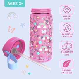 Bentgo Kids Water Bottle - Leak-Proof, Durable Tritan, BPA-Free 15 oz. Cup for Kids/Toddlers Ages 3+, Safe Sip Spout, Carrying Handle, & Dishwasher Safe for School & Sports (Rainbows & Butterflies)