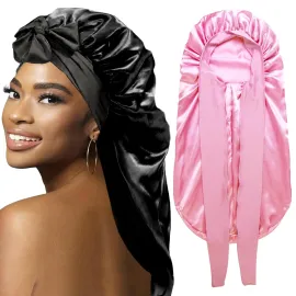 2Pcs Bonnets for Black Women Braid Bonnet, Large Long Satin Bonnet for Braids, Silk Bonnet with Stretchy Tie Band Sleep Cap Hair (2Pcs-Black&Pink)