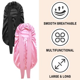 2Pcs Bonnets for Black Women Braid Bonnet, Large Long Satin Bonnet for Braids, Silk Bonnet with Stretchy Tie Band Sleep Cap Hair (2Pcs-Black&Pink) 2Pcs Bonnets for Black Women Braid Bonnet, Large Long Satin Bonnet for Braids, Silk Bonnet with Stretchy Tie Band Sleep Cap Hair (2Pcs-Black&Pink)