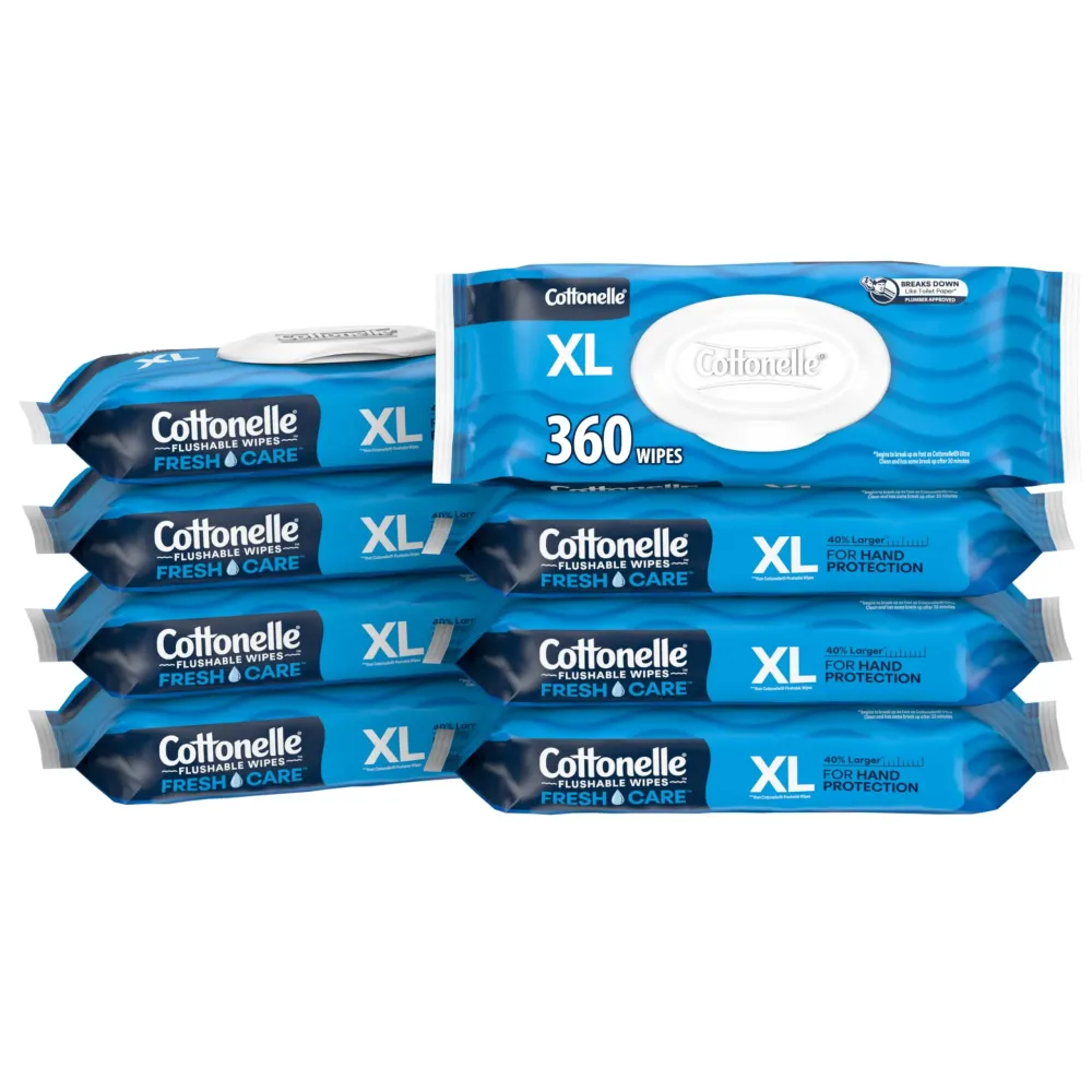 Cottonelle XL Flushable Wet Wipes, Adult Wipes Large, 8 Flip-Top Packs, 45 Wipes Per Pack (360 Total Wipes), Packaging May Vary Cottonelle XL Flushable Wet Wipes, Adult Wipes Large, 8 Flip-Top Packs, 45 Wipes Per Pack (360 Total Wipes), Packaging May Vary