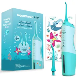 AquaSonic Kids\' Water Flosser for Ages 6+ | Standard Nozzle, Orthodontic Nozzle & Waterproof Stickers | 4 Flossing Modes | Aquarium Adventures Theme (Blue)