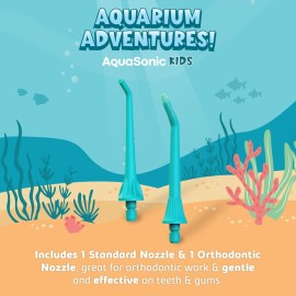 AquaSonic Kids\' Water Flosser for Ages 6+ | Standard Nozzle, Orthodontic Nozzle & Waterproof Stickers | 4 Flossing Modes | Aquarium Adventures Theme (Blue) AquaSonic Kids\' Water Flosser for Ages 6+ | Standard Nozzle, Orthodontic Nozzle & Waterproof Stickers | 4 Flossing Modes | Aquarium Adventures Theme (Blue)