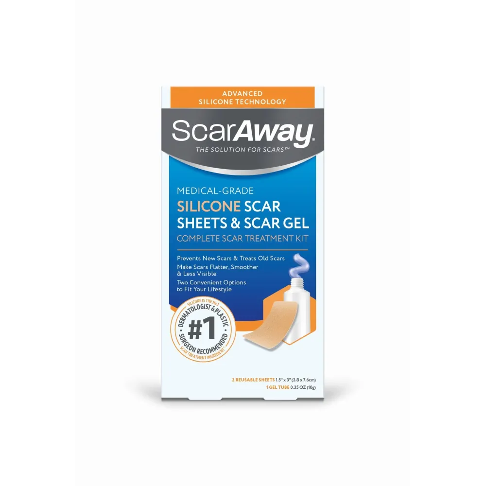 ScarAway Complete Scar Treatment Kit, Clinically Supported Treatment for Scars (2) Tan Medical-Grade Silicone Scar Sheets (1.5 x 3) and Silicone Gel (0.35 Oz), Water-Resistant & Self-Adhesive ScarAway Complete Scar Treatment Kit, Clinically Supported Treatment for Scars (2) Tan Medical-Grade Silicone Scar Sheets (1.5 x 3) and Silicone Gel (0.35 Oz), Water-Resistant & Self-Adhesive