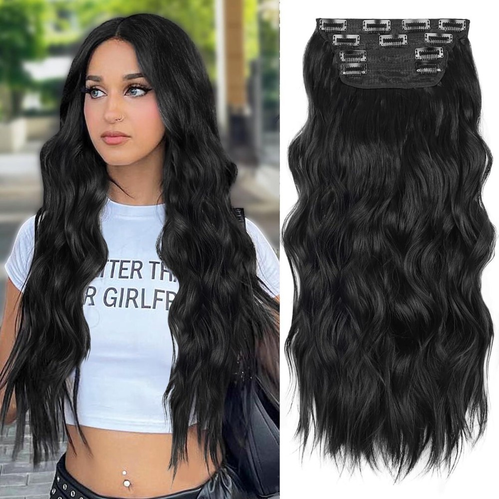 ALXNAN Clip in Long Wavy Synthetic Hair Extension 24 Inch Black 4PCS Thick Hairpieces Fiber Double Weft Hair for Women ALXNAN Clip in Long Wavy Synthetic Hair Extension 24 Inch Black 4PCS Thick Hairpieces Fiber Double Weft Hair for Women