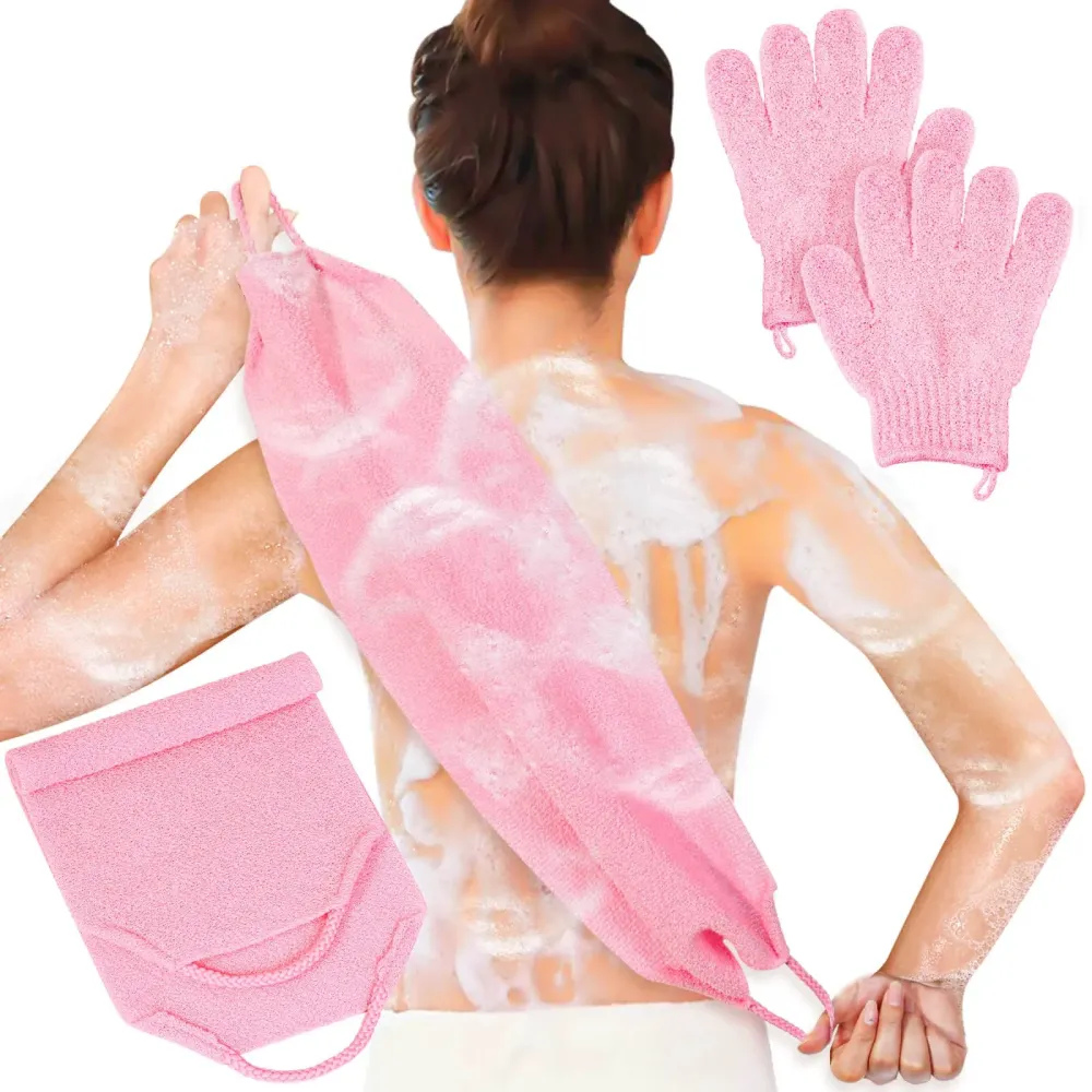 Anezus Exfoliating Shower Bath Gloves Back Scrubber Set for Body, Face, Shower, Bath, Scrub and Exfoliator (Pink) Anezus Exfoliating Shower Bath Gloves Back Scrubber Set for Body, Face, Shower, Bath, Scrub and Exfoliator (Pink)
