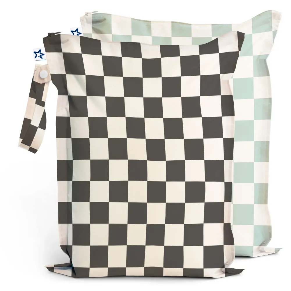 Tiny Twinkle Mess-proof Waterproof Wet Dry Bag | 2 Pack Reusable for Swimsuits, Gym & Baby Clothes | Leakproof Wet Clothes Bag, Beach Travel Essentials (Black, Green Checkers) Tiny Twinkle Mess-proof Waterproof Wet Dry Bag | 2 Pack Reusable for Swimsuits, Gym & Baby Clothes | Leakproof Wet Clothes Bag, Beach Travel Essentials (Black, Green Checkers)