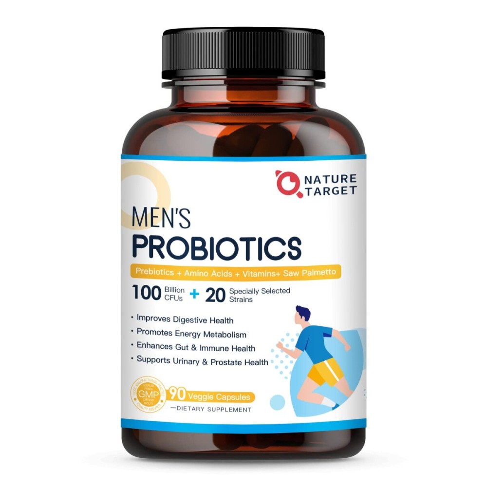 NATURE TARGET Probiotics for Men Digestive Health with Enzymes & Prebiotics, 100 Billion CFUs, Men\'s Probiotics with Saw Palmetto & Cranberry for Prostate & Urinary Tract Health, 90 Veggie Capsules NATURE TARGET Probiotics for Men Digestive Health with Enzymes & Prebiotics, 100 Billion CFUs, Men\'s Probiotics with Saw Palmetto & Cranberry for Prostate & Urinary Tract Health, 90 Veggie Capsules
