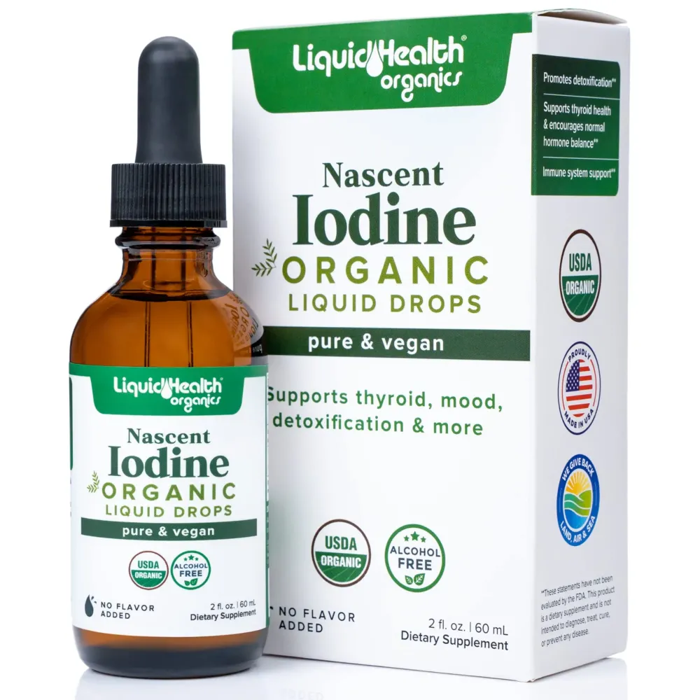 LIQUIDHEALTH USDA Organic Nascent Iodine Liquid Drops, Pure Iodine Supplement for Thyroid & Immune Support, Energy Supplement - Made in USA, Vegan, Colorless, Tasteless Tincture (2 oz) LIQUIDHEALTH USDA Organic Nascent Iodine Liquid Drops, Pure Iodine Supplement for Thyroid & Immune Support, Energy Supplement - Made in USA, Vegan, Colorless, Tasteless Tincture (2 oz)