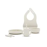 Lalo First Bites Silicone Baby Feeding Set - Baby Led Weaning Supplies - Non-Toxic Silicone - Includes 1 Bib, 2 Spoons, Training Cup, Suction Plate and Bowl - 6 Pieces - Oatmeal