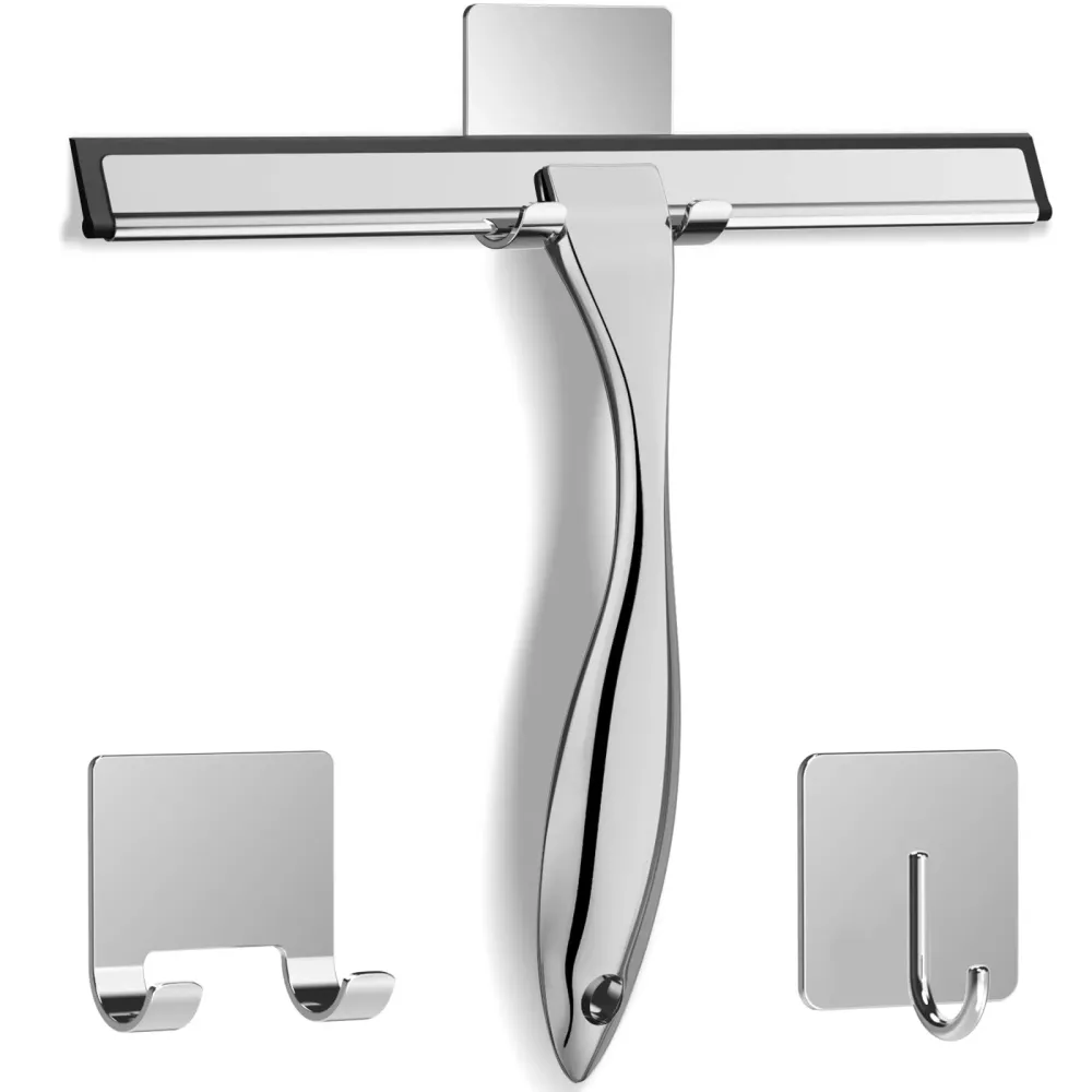 All-Purpose Stainless Steel Shower Squeegee for Shower Glass Door with 2 Adhesive Hooks, Bathroom Cleaner Tool Household Window Mirror Squeegee , Cleaning Tile Wall, Car, 10 Inch Silver All-Purpose Stainless Steel Shower Squeegee for Shower Glass Door with 2 Adhesive Hooks, Bathroom Cleaner Tool Household Window Mirror Squeegee , Cleaning Tile Wall, Car, 10 Inch Silver