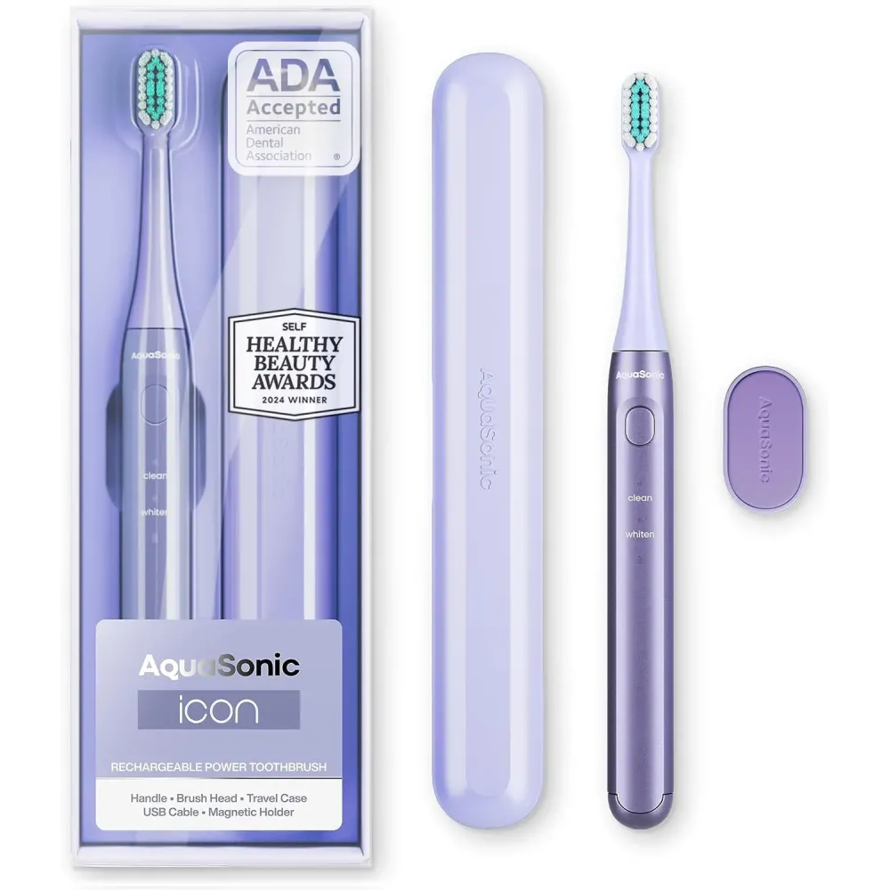 Aquasonic Icon ADA-Accepted Rechargeable Toothbrush | Magnetic Holder & Slim Travel Case | 2 Brushing Modes & Smart Timers | Gentle Micro-Vibrations (Lilac) Aquasonic Icon ADA-Accepted Rechargeable Toothbrush | Magnetic Holder & Slim Travel Case | 2 Brushing Modes & Smart Timers | Gentle Micro-Vibrations (Lilac)
