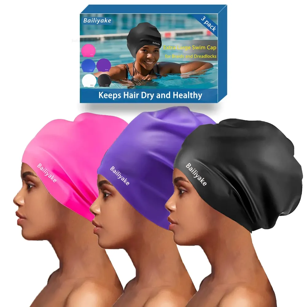 3 Pack Extra Large Swim Cap for Braids & Dreadlocks - Waterproof Silicone Swim Hat for Women & Men with Long Thick Hair, Protective Swim Cap Cover Ears for Swimming, Shower, Bathing 3 Pack Extra Large Swim Cap for Braids & Dreadlocks - Waterproof Silicone Swim Hat for Women & Men with Long Thick Hair, Protective Swim Cap Cover Ears for Swimming, Shower, Bathing