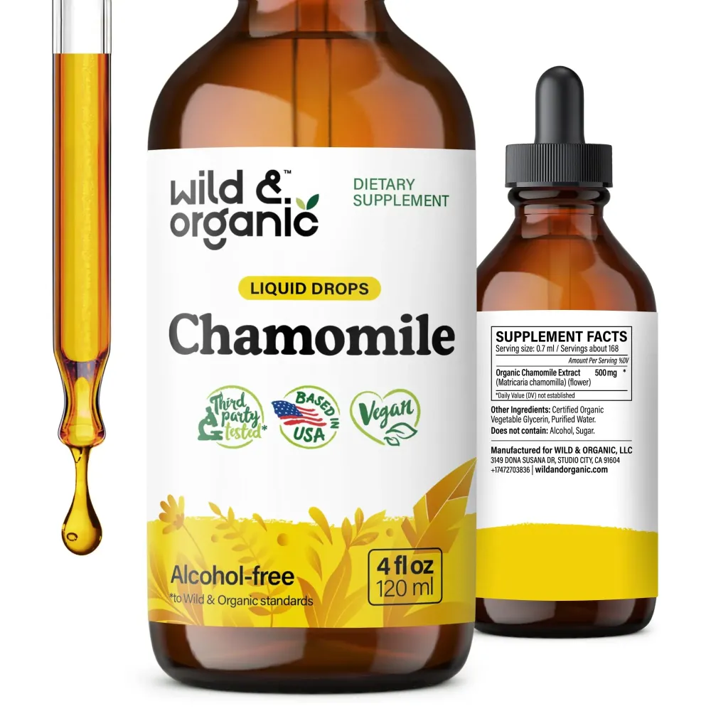 Wild & Organic Chamomile Flowers Tincture - Calming Supplement for Relaxation - Chamomile Extract Liquid Drops - Vegan, Sugar & Alcohol-Free - 4 fl oz Wild & Organic Chamomile Flowers Tincture - Calming Supplement for Relaxation - Chamomile Extract Liquid Drops - Vegan, Sugar & Alcohol-Free - 4 fl oz