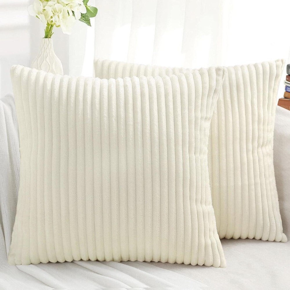 Simmore Decorative Throw Pillow Covers 18x18 Set of 2, Soft Plush Flannel Double-Sided Fluffy Spring Couch Pillow Covers for Sofa Living Room Home Decor, Cream White Simmore Decorative Throw Pillow Covers 18x18 Set of 2, Soft Plush Flannel Double-Sided Fluffy Spring Couch Pillow Covers for Sofa Living Room Home Decor, Cream White