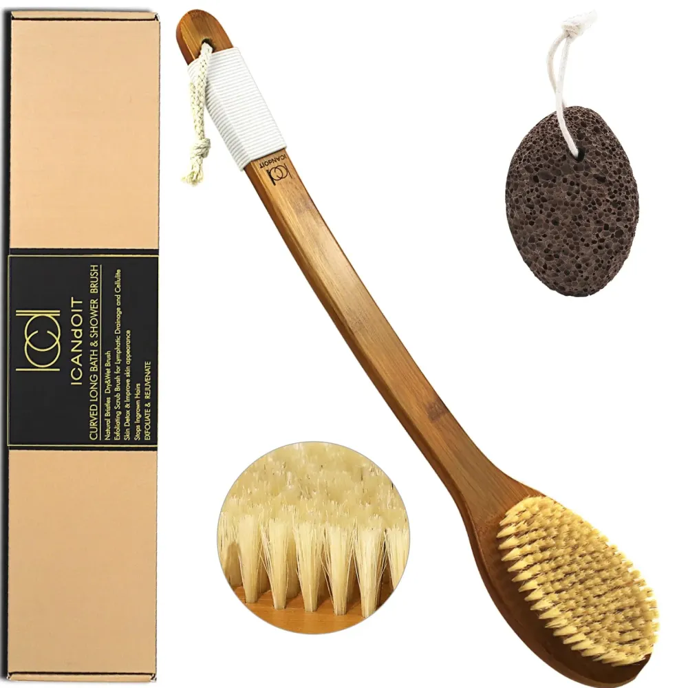 ICANdOIT-17.71Inch Natural Boar Bristles Anti-Slip Long Handle Bath Brush,Bent Handle Shower Scrubber for Exfoliating,Shower Back Brush,Exfoliation Set with Pumice Stone (1 Pack) ICANdOIT-17.71Inch Natural Boar Bristles Anti-Slip Long Handle Bath Brush,Bent Handle Shower Scrubber for Exfoliating,Shower Back Brush,Exfoliation Set with Pumice Stone (1 Pack)