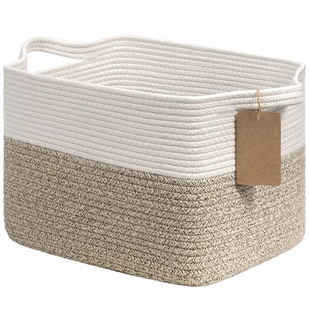 Goodpick Woven Storage Basket, Cotton Rope Basket for Dog Toys, Books, Stylish Gift Basket with Handles, 13 x 10 x 9 Inches Square Baskets for Organizing, Brown and White
