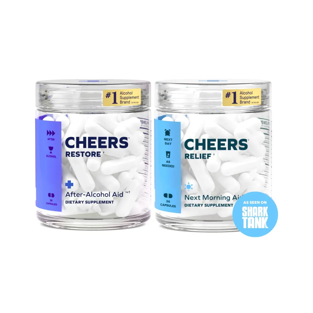 Cheers R&R Combo | Restore + Relief | Feel Better After Drinking & Support Your Liver | DHM, L-Cysteine, Milk Thistle, Ginger, White Willow Bark, Caffeine, L-Theanine | 12 Doses Each | Supplements Cheers R&R Combo | Restore + Relief | Feel Better After Drinking & Support Your Liver | DHM, L-Cysteine, Milk Thistle, Ginger, White Willow Bark, Caffeine, L-Theanine | 12 Doses Each | Supplements