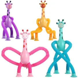 Xonteus 4Pcs Telescopic Suction Cup Giraffe Toy - Sensory Tube Toddler Travel Toys, Connect & Pop Fidget for Kids, Autism Sensory Toys, Encourages Imaginative Play & Creative Thinking