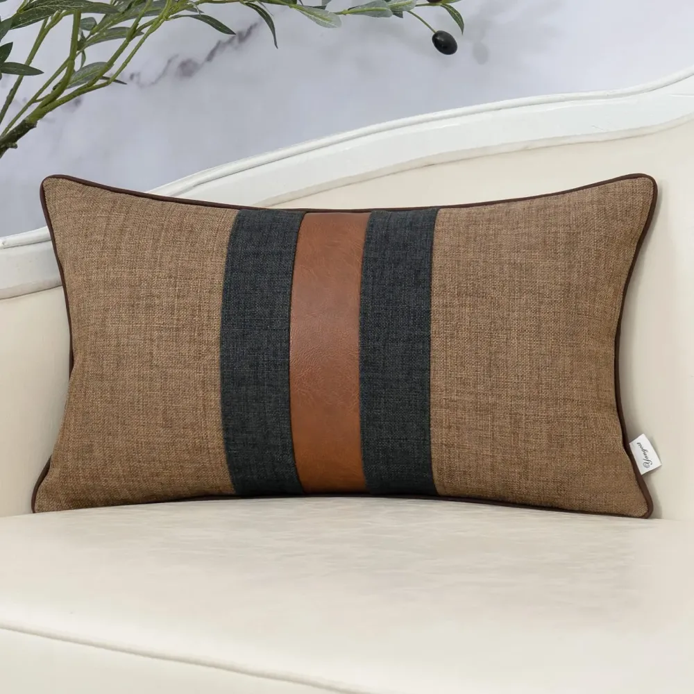 Yangest Patchwork Pillow Cover 12x20 Inch Luxury Cotton and Linen Cushion Cover Faux Leather Pillowcover for Couch Bedroom Living Room, Brown Yangest Patchwork Pillow Cover 12x20 Inch Luxury Cotton and Linen Cushion Cover Faux Leather Pillowcover for Couch Bedroom Living Room, Brown