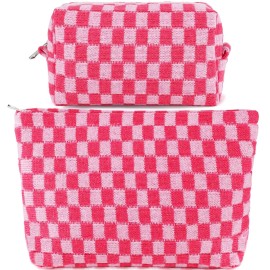 ZLFSRQ 2Pcs Checkered Makeup Bag for Women Large Cosmetic Bag Set Travel Toiletry Bag Makeup Pouch Bag for Purse Pink Zipper Storage Bag Organizer Cute Small Aesthetic Girls Car Essentials Bag