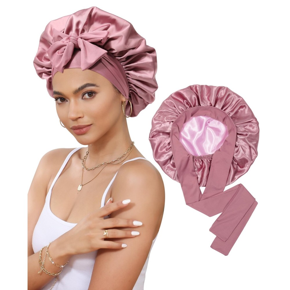 Satin Bonnet Silk Bonnet for Sleeping Silk Sleep Cap Double Layer Hair Bonnet with Elastic Tie Band for Curly Hair Night Cap (Bean Paste + Pink) Satin Bonnet Silk Bonnet for Sleeping Silk Sleep Cap Double Layer Hair Bonnet with Elastic Tie Band for Curly Hair Night Cap (Bean Paste + Pink)