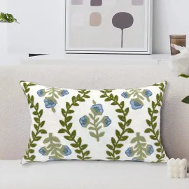 Alysheer Spring Floral Embroidered Decorative Throw Pillow Cover 12x 20, Farmhouse Blue Flowers Green Leaves Patterned Cotton Canvas Lumbar Cushion Case for Sofa Couch Living Room Cottage Decor