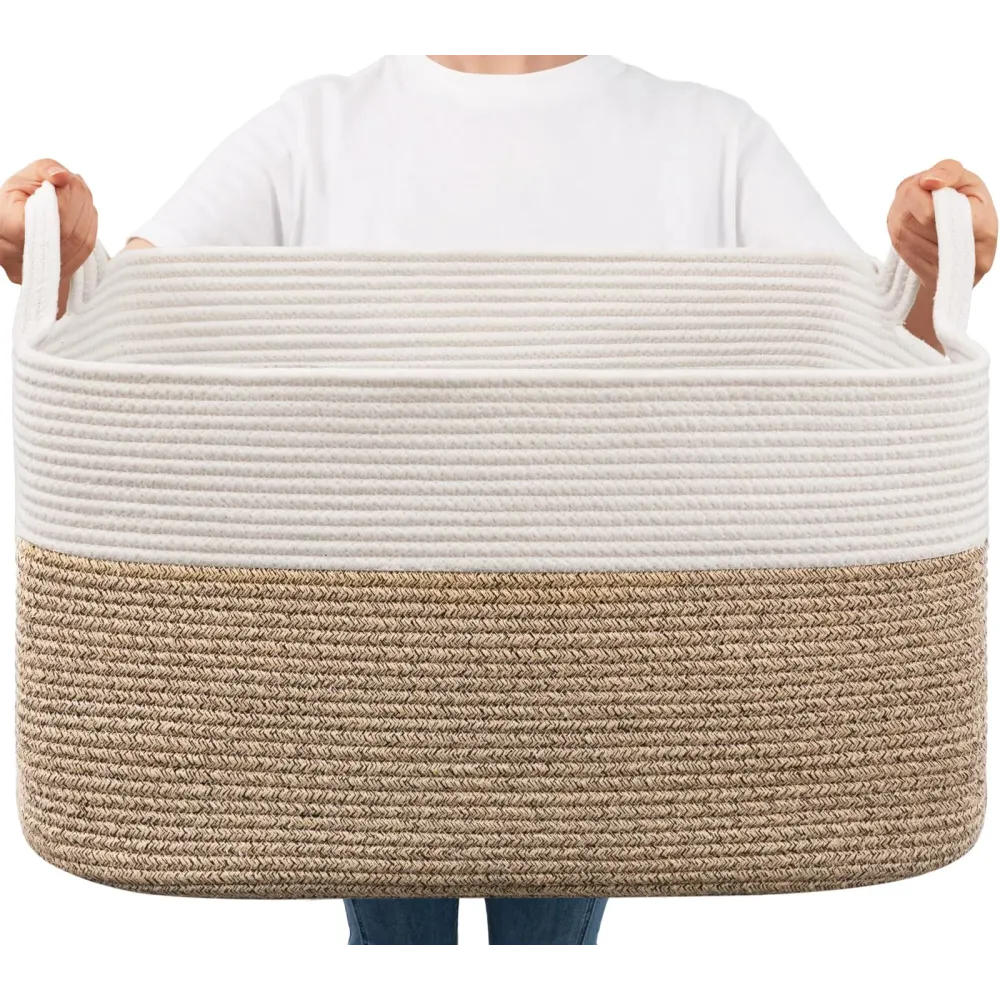 Goodpick Large Woven Blanket Basket, 21.6 x 14.9 x 11.8 Storage Baskets for Organizing, Rectangle Cotton Rope Toy Basket for Living Room, Bedroom, White & Brown