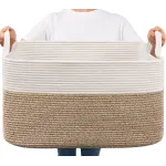 Goodpick Large Woven Blanket Basket, 21.6 x 14.9 x 11.8 Storage Baskets for Organizing, Rectangle Cotton Rope Toy Basket for Living Room, Bedroom, White & Brown