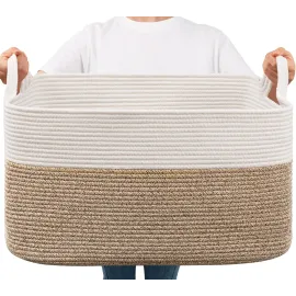 Goodpick Large Woven Blanket Basket, 21.6 x 14.9 x 11.8 Storage Baskets for Organizing, Rectangle Cotton Rope Toy Basket for Living Room, Bedroom, White & Brown