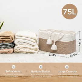 Goodpick Large Woven Blanket Basket, 21.6 x 14.9 x 11.8 Storage Baskets for Organizing, Rectangle Cotton Rope Toy Basket for Living Room, Bedroom, White & Brown