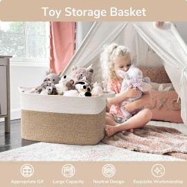 Goodpick Large Woven Blanket Basket, 21.6 x 14.9 x 11.8 Storage Baskets for Organizing, Rectangle Cotton Rope Toy Basket for Living Room, Bedroom, White & Brown