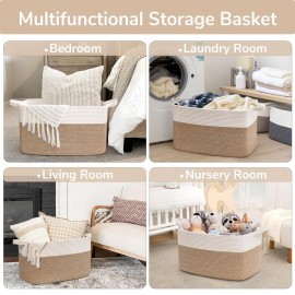 Goodpick Large Woven Blanket Basket, 21.6 x 14.9 x 11.8 Storage Baskets for Organizing, Rectangle Cotton Rope Toy Basket for Living Room, Bedroom, White & Brown
