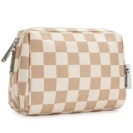 Narwey Small Checkered Makeup Bag for Purse Mini Cosmetic Bag Travel Makeup Pouch Zipper Pouch Cute Make up Bags with Compartments for Women Girls (Light Checkerboard, Small)