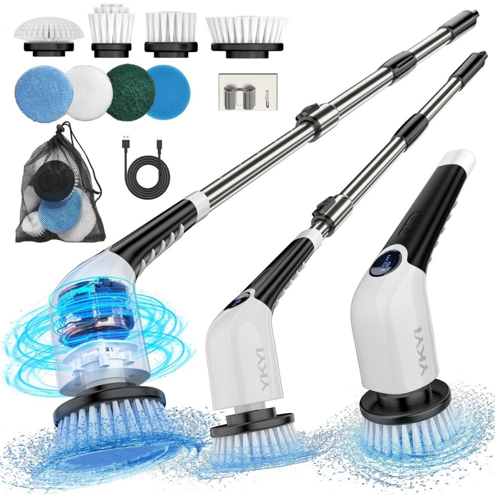 YKYI Electric Spin Scrubber,Cordless Cleaning Brush,Shower Cleaning Brush with 8 Replaceable Brush Heads, Power Scrubber 3 Adjustable Speeds,Adjustable & Detachable Long Handle,Voice Broadcast YKYI Electric Spin Scrubber,Cordless Cleaning Brush,Shower Cleaning Brush with 8 Replaceable Brush Heads, Power Scrubber 3 Adjustable Speeds,Adjustable & Detachable Long Handle,Voice Broadcast