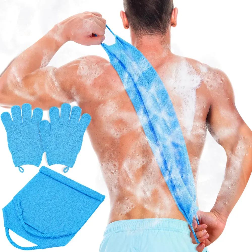 Anezus Exfoliating Back Scrubber Bath Gloves Set, Exfoliating Shower Towel with Shower Gloves for Body Scrub, Back Cleaner Wash Gloves to Remove Dead Skin (Blue) Anezus Exfoliating Back Scrubber Bath Gloves Set, Exfoliating Shower Towel with Shower Gloves for Body Scrub, Back Cleaner Wash Gloves to Remove Dead Skin (Blue)