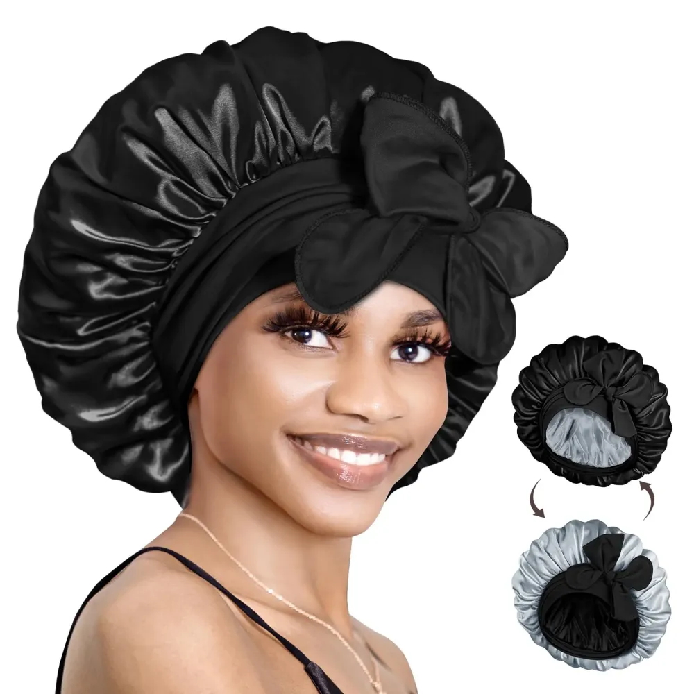 BONNET QUEEN Silk Bonnet for Sleeping Double Layer Satin Bonnet Reversible Bonnet with Tie Band Hair Bonnet Sleep Cap for Women Curly Hair,Black+Grey BONNET QUEEN Silk Bonnet for Sleeping Double Layer Satin Bonnet Reversible Bonnet with Tie Band Hair Bonnet Sleep Cap for Women Curly Hair,Black+Grey